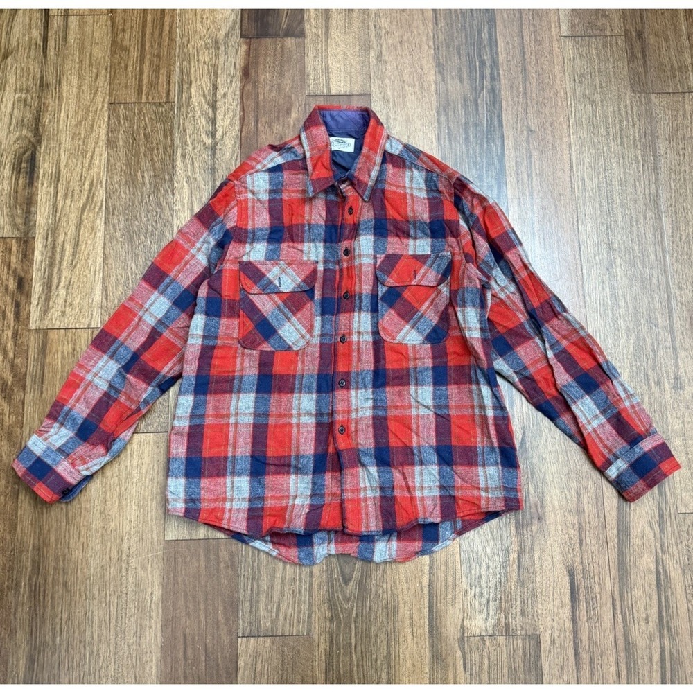Vintage Fieldmaster Shirt Men L Red Plaid Wool Blend Flannel Button Down Work